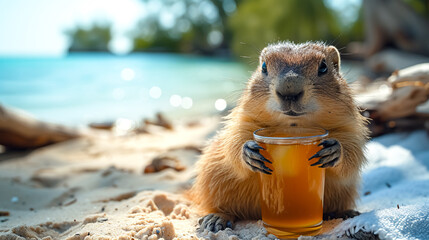 Cute marmot with a glass of juice on the beach. - obrazy, fototapety, plakaty
