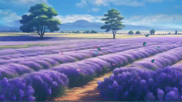 Vast fields of purple lavender flowers. cartoon watercolor painting style. seamless and looping animation