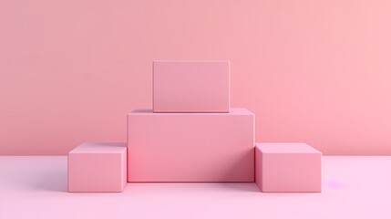 Awarding podium made of three 3d pastel square shapes of different sized against blank pink background for copy space