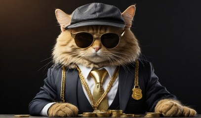 Cool rich gangster boss cat hipster with sunglasses, hat, headphones, gold chain and money dollars. Business, finance, creative idea. Crypto investor cat is holding a lot of money. Winning, concept - obrazy, fototapety, plakaty