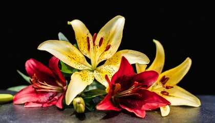 bright lily isolated on black background floral arrangement bouquet of yellow red flowers can be used for invitations greeting wedding card