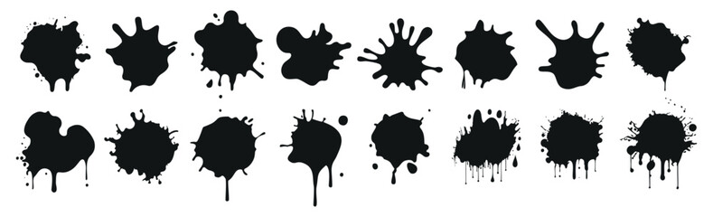 Black ink splashes and drops set. Splash of paints, spray drops staining and frame with wet paint drop vector set. Artistic dirty grunge abstract spot vector set
