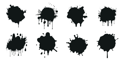 Black ink splashes and drops set. Splash of paints, spray drops staining and frame with wet paint drop vector set. Artistic dirty grunge abstract spot vector set