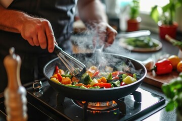 Man cooking vegetables in frying pan on electric stove