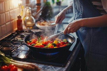 Man cooking vegetables in frying pan on electric stove - obrazy, fototapety, plakaty