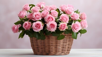 Fototapeta na wymiar Bouquet of pink roses in basket isolated on white background