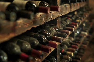 Fotobehang Wine collection on a wooden rack © Baba Images