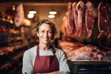 Fototapeta na wymiar Portrait of a middle aged female butcher in meat shop