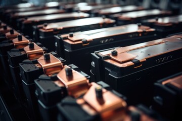 Array of Precision-Made Industrial Batteries on a Manufacturing Line - obrazy, fototapety, plakaty