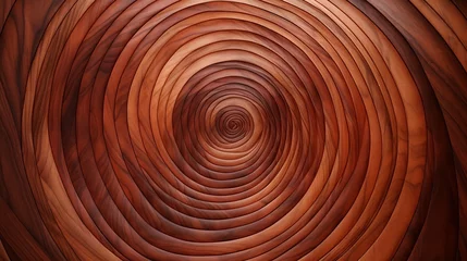 Tuinposter Brown red real walnut wooden furniture panel round circle spiral pattern fractal background. Furniture wall decoration element. Wooden decoration element fractal background. Spiral fractal pattern © Elchin Abilov