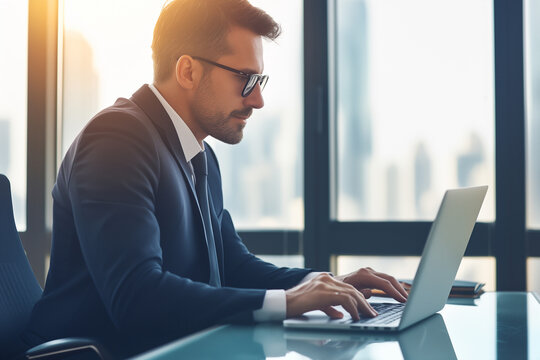 handsome businessman posing with a laptop in the office
