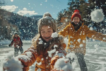A joyous group of friends, bundled in winter clothing, brave the freezing snowfall to play and embrace the beauty of nature's cold precipitation