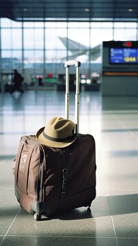 Bags positioned at an airport, symbolizing preparedness for travel, ideal for use in travel agency promotions, advertisements, and designs requiring text space.
