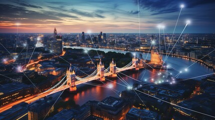 City of London at sunset with communication icons and network lines - 744161707