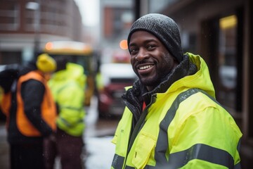 Sanitation worker in high visibility jacket outside during winter