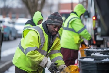 Fototapeta premium Sanitation worker in high visibility jacket outside during winter