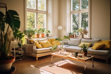 Fototapeta premium Cozy home interior with sofa and large windows overlooking trees