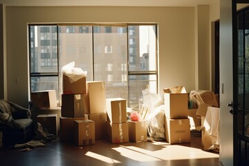 Moving boxes in a empty living room - obrazy, fototapety, plakaty