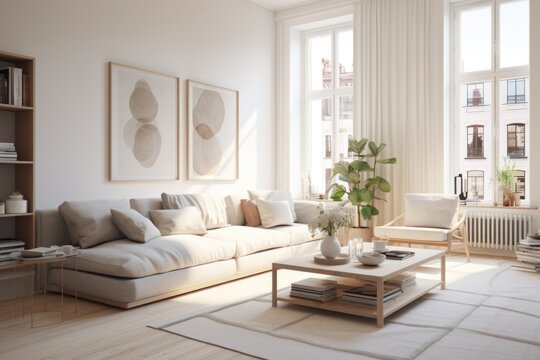 Modern minimalist living room with beige sofa and large windows