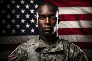 Portrait of a young soldier with USA flag in the background - obrazy, fototapety, plakaty
