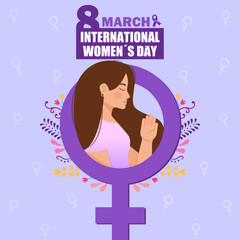Banner del día internacional de la mujer, 8 de marzo con ilustración de mujer en el símbolo de femenino  y flores en el fondo - obrazy, fototapety, plakaty