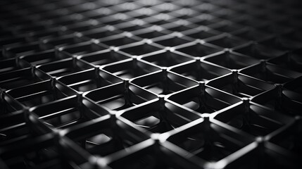 Close-up photo of technological metal grid structure. Abstract black and white background image on the subject of modern architecture, industry or technology - obrazy, fototapety, plakaty