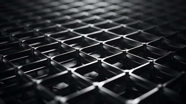 Close-up photo of technological metal grid structure. Abstract black and white background image on the subject of modern architecture, industry or technology