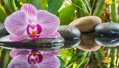 pink orchid on the stone reflected in the water