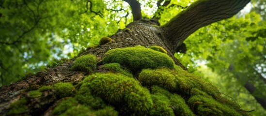 A moss covered tree trunk stands tall in the forest, showcasing its enhanced texture and natural...
