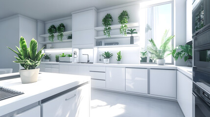 Fototapeta na wymiar White Kitchen With Potted Plant on Counter
