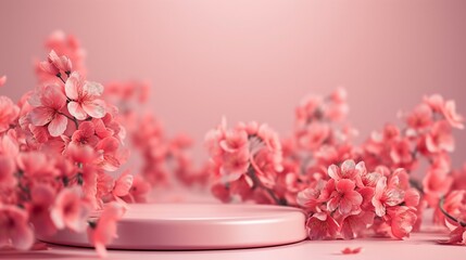 Beautiful podium with pink flowers ornaments with space for your product or inscriptions.