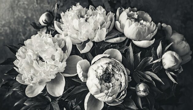 vintage bouquet of peonies floristic decoration floral background black and white baroque old fashiones style image natural flowers pattern wallpaper or greeting card