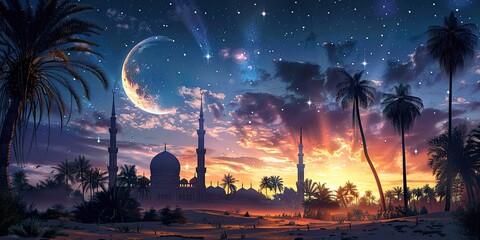 Serene Crescent Embrace in Ramadan's Night Sky - Tranquility and Radiance - Soft Moonlight - Capturing the beauty of the crescent moon illuminating the Ramadan night