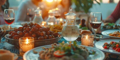 Iftar Feast Spread - Dates, Water, and Prayers - Warm Atmosphere - An image capturing the essence of the Iftar feast