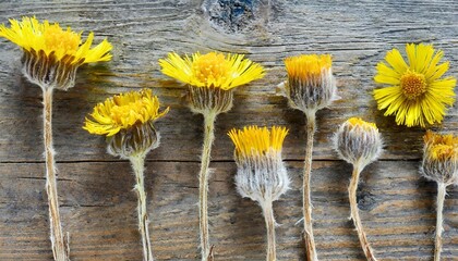 picture of dried flowers in several variants herbarium from dried blossoming flower arranged in a row tussilago farfara coltsfoot - obrazy, fototapety, plakaty