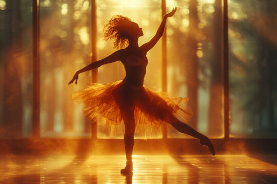 A ballet dancer practicing alone in a sunlit studio, their silhouette a study in grace and dedication.