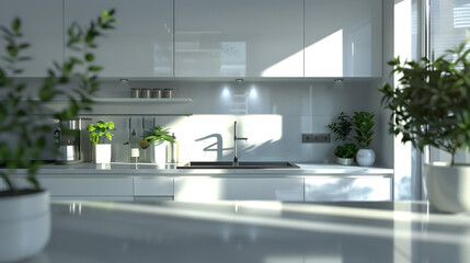 White Kitchen With Sink and Potted Plant