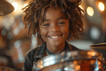 A child learning to play the drums, their concentration punctuated by bursts of delighted laughter at each successful beat. - obrazy, fototapety, plakaty
