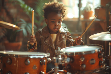 A child learning to play the drums, their concentration punctuated by bursts of delighted laughter at each successful beat. - obrazy, fototapety, plakaty
