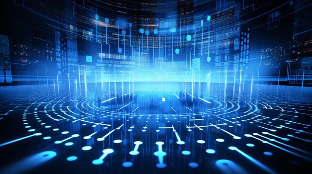 Digital blue background image with technology symbols