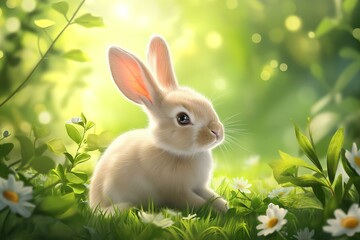Cute baby rabbit as easter bunny sitting under tree as illustration