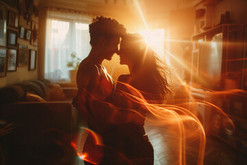 A couple dancing salsa in the privacy of their living room, the steps a shared language of love and connection. - obrazy, fototapety, plakaty