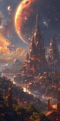 A majestic city of floating islands, suspended in the sky, connected by elegant bridges and adorned with ethereal architecture that reflects the glow of a distant celestial body.