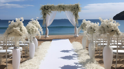 Amidst a stunning backdrop of clear skies and crashing waves, the beach wedding was adorned with delicate flowers and dreamy decorations, creating a romantic and ethereal atmosphere on the sandy grou