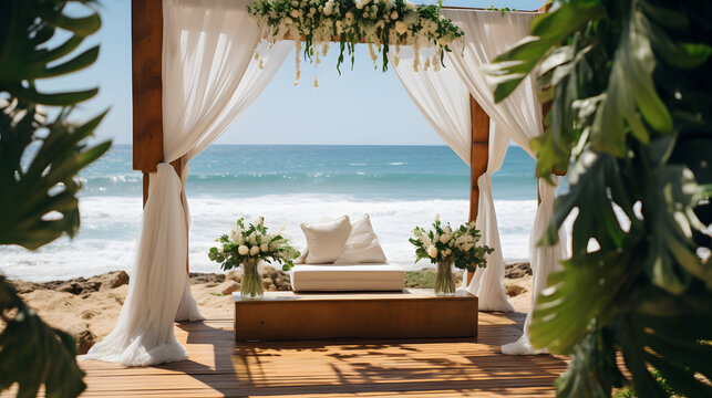 A serene seaside ceremony adorned with ethereal decorations, shaded by billowing curtains and accented with lush greenery, all set against the sparkling ocean and sandy shores