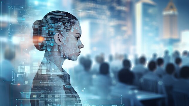 Double exposure image of virtual human 3dillustration on business and learning technology  background