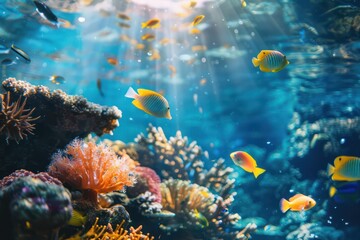 Vibrant underwater coral reef with tropical fish