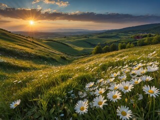 Scenic spring:summer: Blooming daisy field amidst pastoral landscape, hills rolling in countryside, meadow with flowers