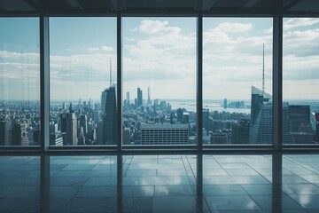 An unoccupied room featuring a wide window view of the cityscape, Empty city skyline view from a high-rise corporate building, AI Generated