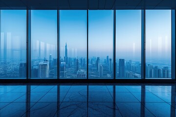 This photo captures an empty room showcasing a stunning view of the bustling city, Empty city skyline view from a high-rise corporate building, AI Generated